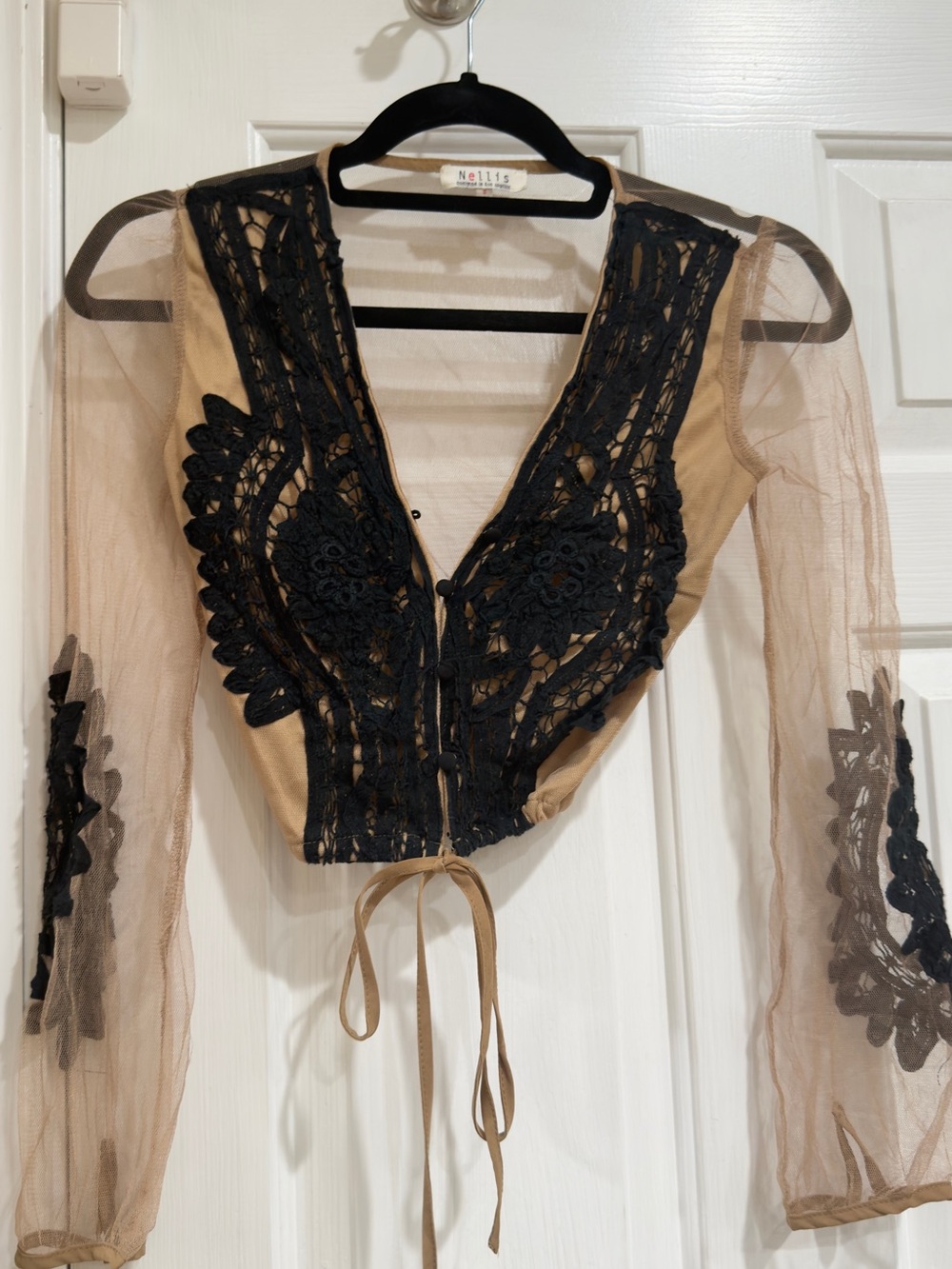 Ellie Sheer Tie-Front Crop Blouse in Tan with Black Lace